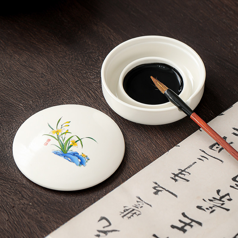 陶瓷火锅砚台带盖墨盒不干墨池初学毛笔书法专用墨水保湿笔洗墨台图片
