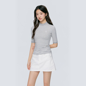 KSXN 莱赛尔显瘦气质百搭正肩上衣 T恤女夏季 半高领条纹修身 短袖