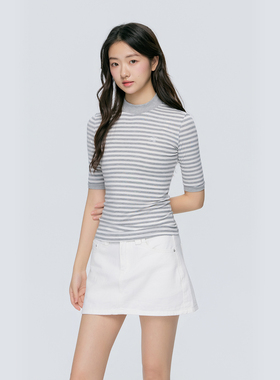 KSXN 半高领条纹修身短袖T恤女夏季莱赛尔显瘦气质百搭正肩上衣