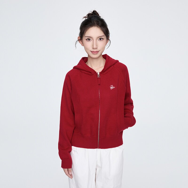 KSXN 红色短款连帽毛衣女宽松复古设计感百搭上衣