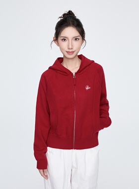 KSXN 红色短款连帽毛衣女宽松复古设计感百搭上衣