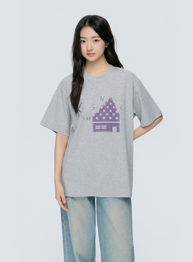 KSXN 奶酪小屋印花圆领短袖夏季宽松休闲韩系百搭情侣半袖上衣