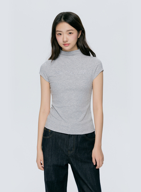 KSXN 基础烫钻堆堆领短袖T恤女夏季修身显瘦透气百搭微弹打底上衣