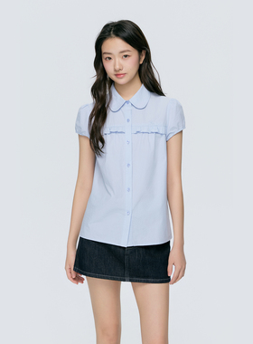 KSXN 浅蓝色衬衫短袖女夏季修身显瘦基础百搭韩系上衣学院风半袖