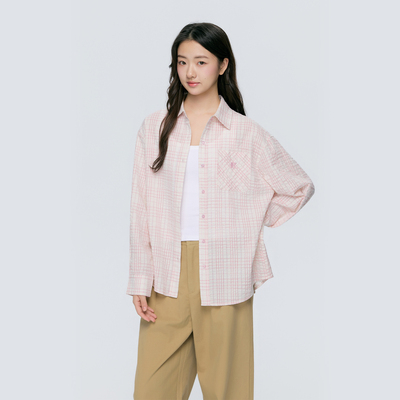KSXN浅粉色格子韩系长袖衬衫