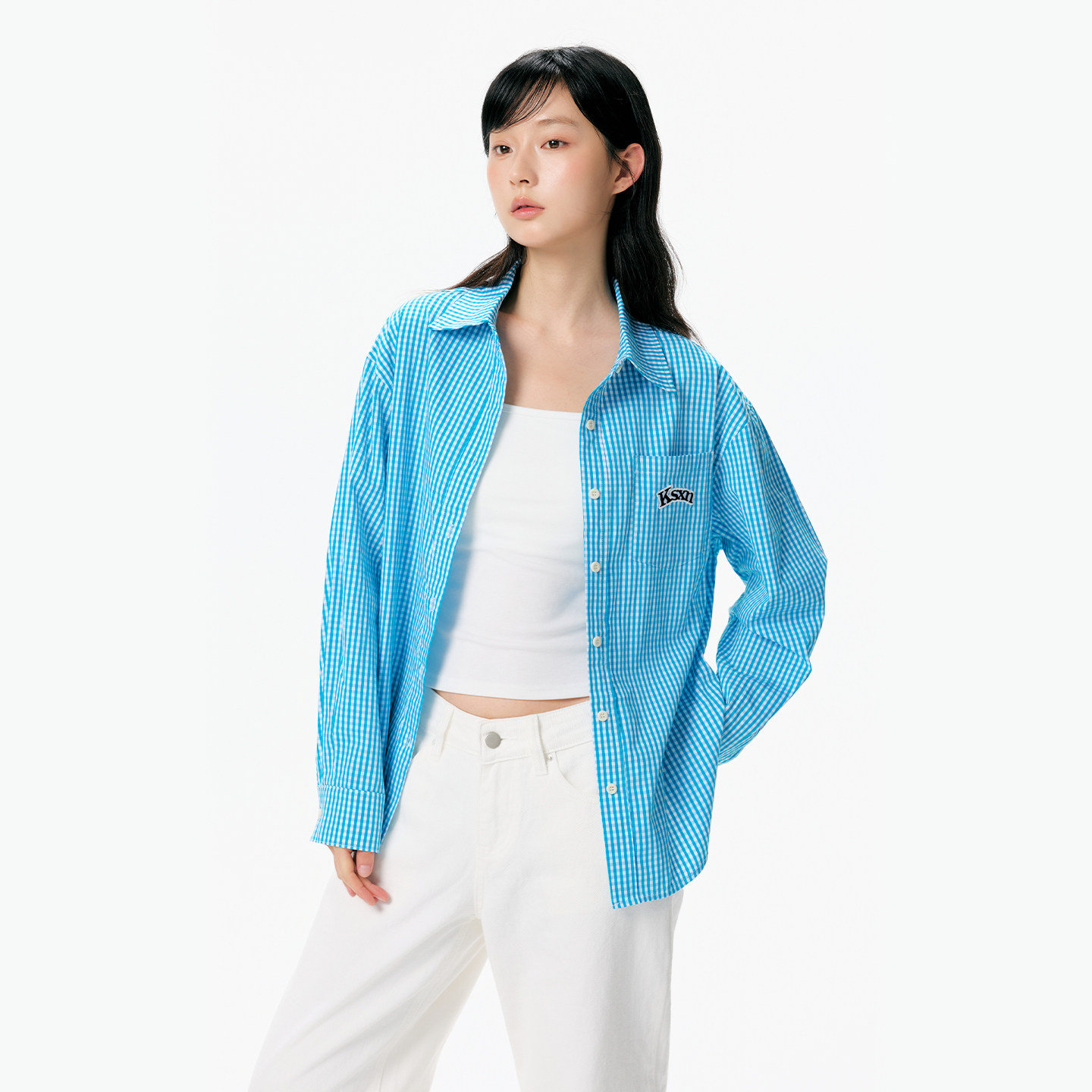 KSXN蓝白格子衬衫长袖潮牌外套图片