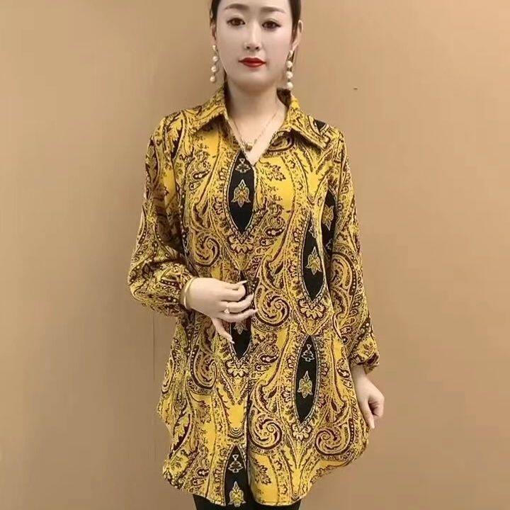 妈妈装中长款袖高档气质七分休闲新款百搭雪韩版纺衫洋气碎花宽松