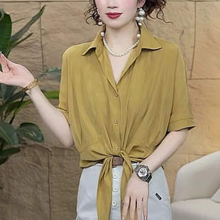 2025夏季衬衫时尚洋气短袖系带打结宽松轻薄透气显瘦上衣女
