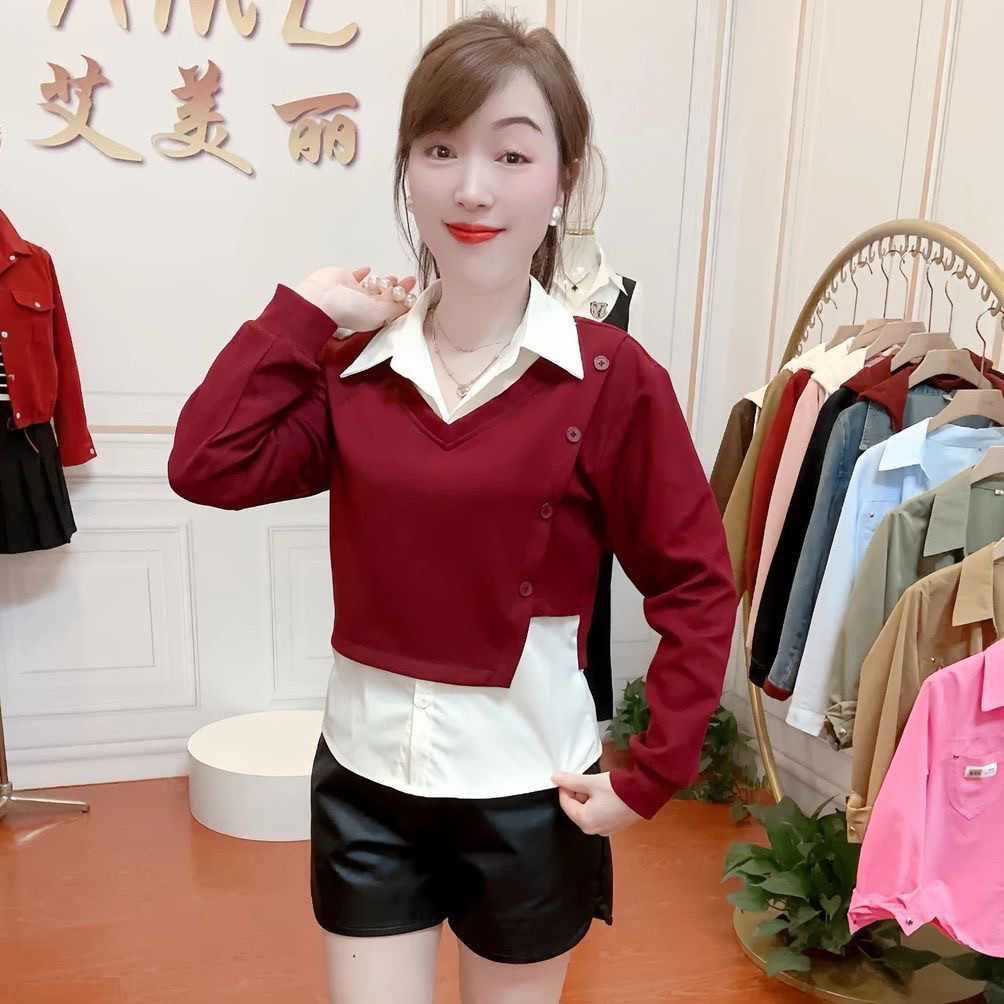 早秋季斜门襟假两件衬衣领拼接洋气质百搭显瘦polo领套头上衣时尚