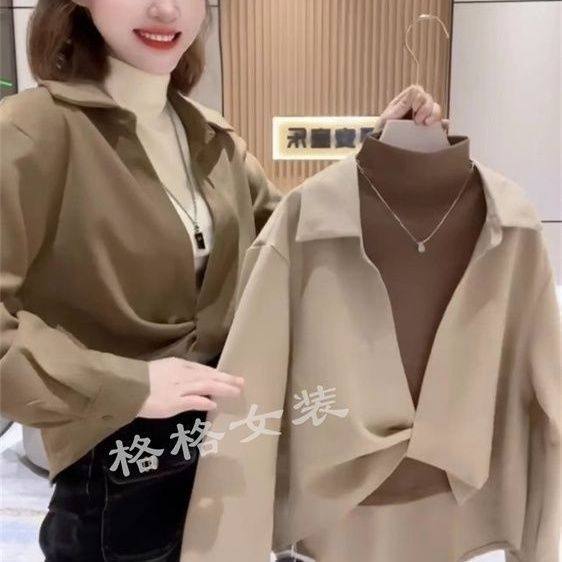 欧货半高领拼接两件套衬衫女长袖2024年秋季新款独特别致套头上衣
