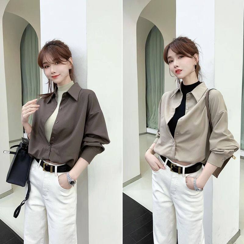 2024年秋季百搭格调美拉德设计感假两件衬衫设计感长袖显瘦衬衣女