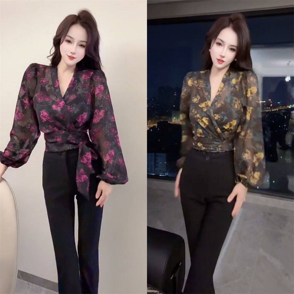 时尚潮流V领复古碎花收腰显瘦灯笼袖交叉绑带短款防晒雪纺衫上衣