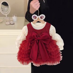 黁白女童加绒连衣裙2025新款秋冬装周岁宝宝生日礼服婴儿公