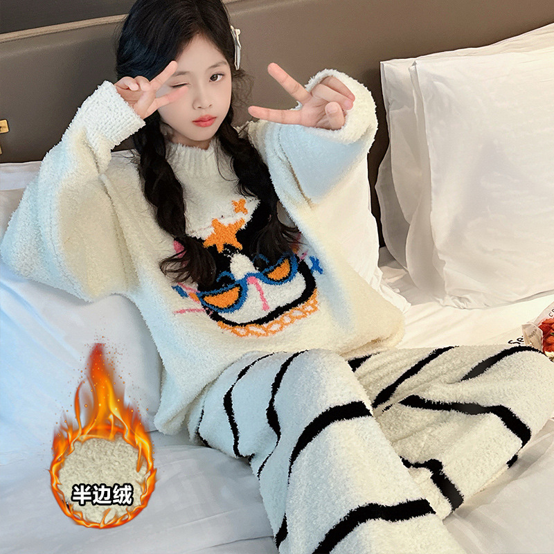 秋冬女童加厚半边绒睡衣套装2025新款儿童冬天保暖家居服两件套