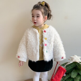 绗棉冬装 儿童洋气韩版 上衣中小童 新款 女童彩色扣子仿皮草外套冬季