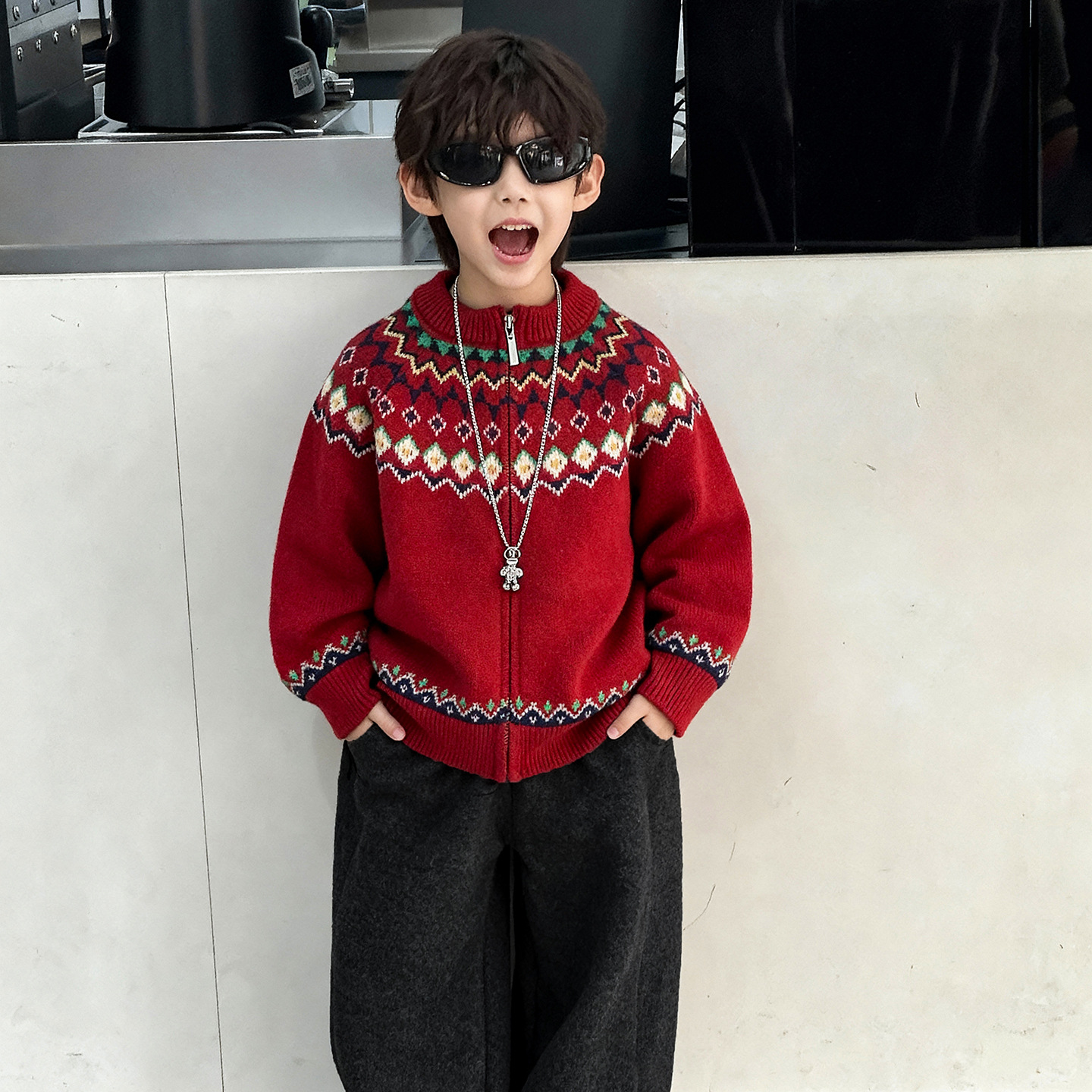 棉小铺男童毛衣儿童秋冬韩版2025新款保暖童装红色复古针织衫外套