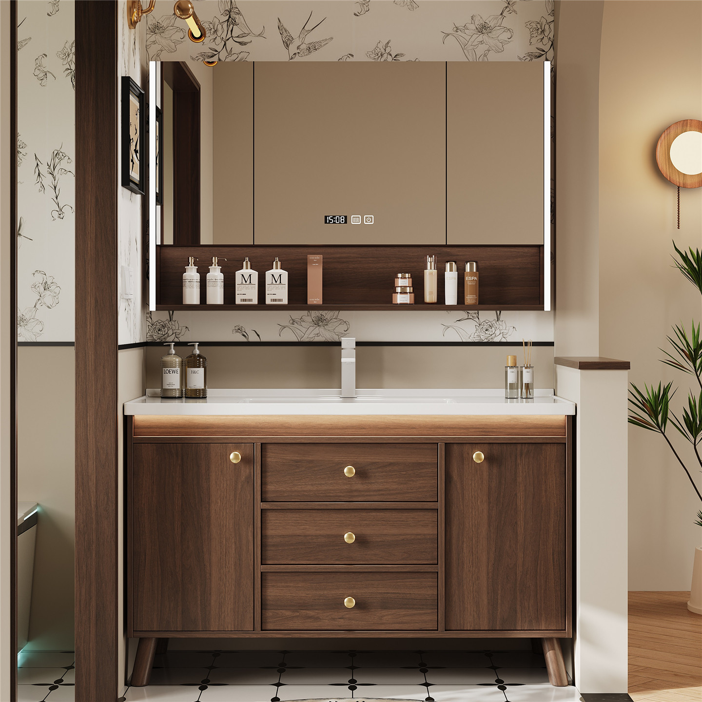 胡桃木色陶瓷一体洗脸盆浴室柜镜柜组合卫生间落地式洗漱台洗手盆,家装主材,浴室柜组合,淘宝优惠券,粉丝福利购,淘宝优惠卷