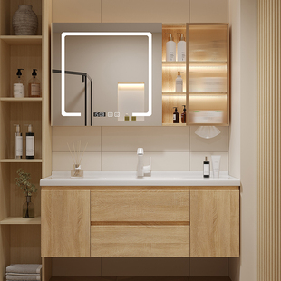 日式 原木风浴室柜镜柜组合卫生间陶瓷一体洗脸盆厕所洗漱台洗手盆