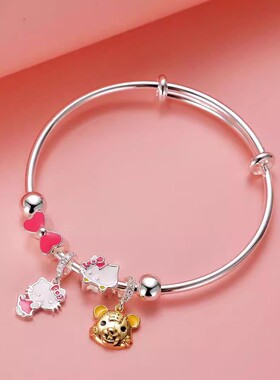 999纯银手镯女公主kitty凯蒂猫儿童小孩十二生肖卡通手环银镯子