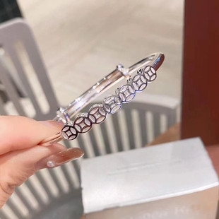 999纯银幻彩钱币铜钱招财手镯女百搭实心镂空花丝手环送女友闺蜜