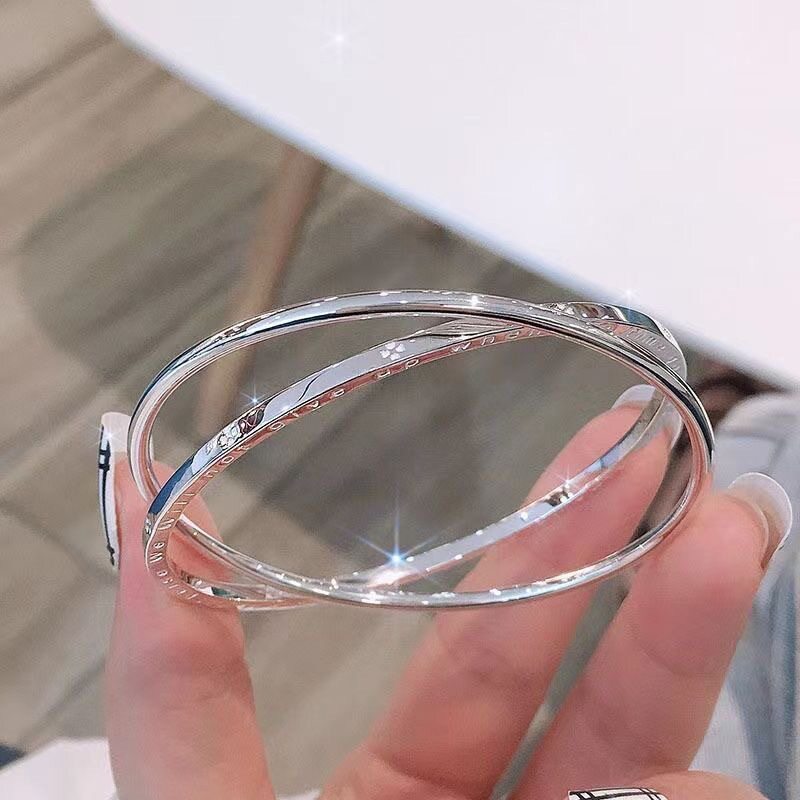 四叶草银手镯女纯银999足银双环实心银镯子年轻款手环送女友闺蜜图片