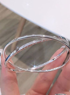 四叶草银手镯女纯银999足银双环实心银镯子年轻款手环送女友闺蜜