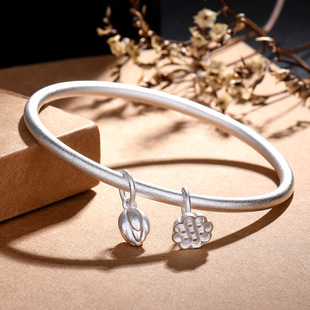 999纯银三生三世两世欢手镯莲蓬莲花实心手环情人节送女朋友礼物