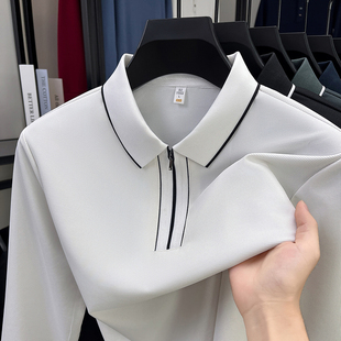 t恤半拉链翻领休闲商务冰丝滑料体恤POLO衫 长袖 男士 下摆开衩秋季
