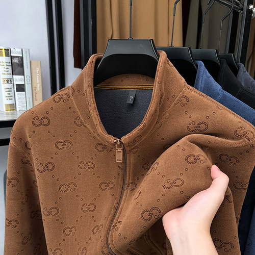 双面摇粒绒立领印花卫衣开衫保暖