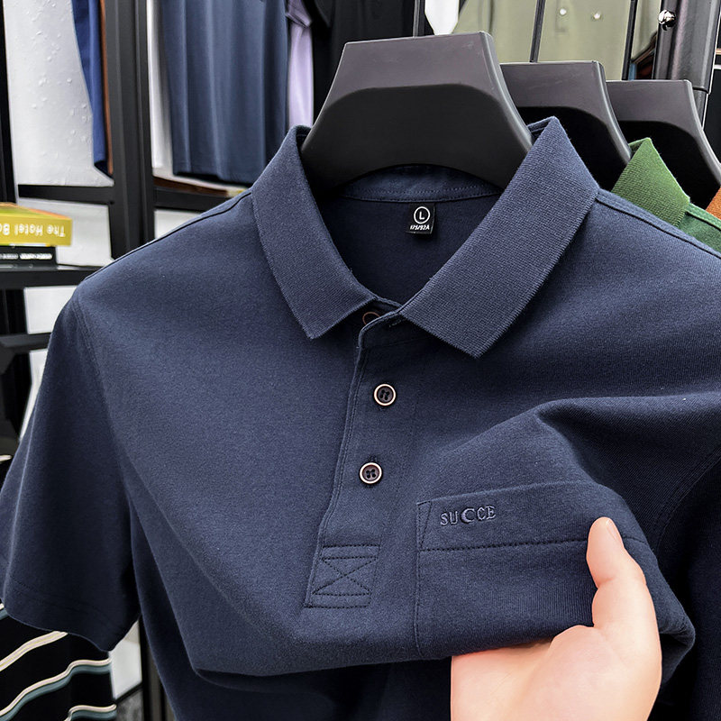 纯棉短袖t恤男翻领夏季男士半袖丝光棉全棉带领真口袋爸爸装体恤