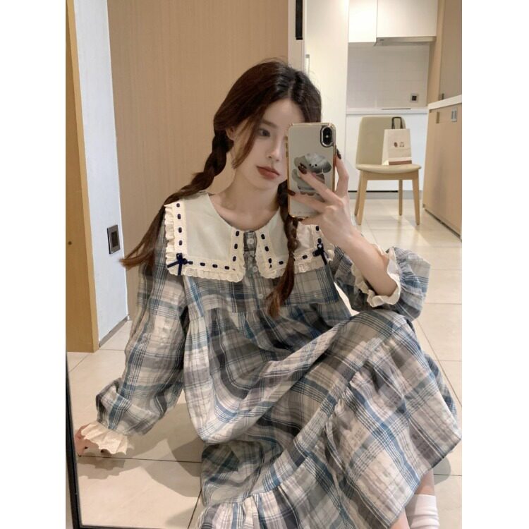春秋一男一女情侣睡衣公主风甜美蕾丝边娃娃领格子睡裙家居服套装