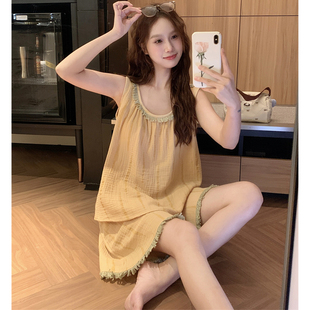 薄 带胸垫睡衣女夏季 背心短裤 韩版 休闲条纹纯棉纱布家居服两件套装
