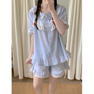 韩版蕾丝条纹睡衣女款夏季情侣甜美休闲纯棉麻短袖短裤家居服套装