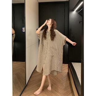 韩版撞色条纹男友风衬衫睡裙女中长款睡衣甜美少女阔版睡衣家居服
