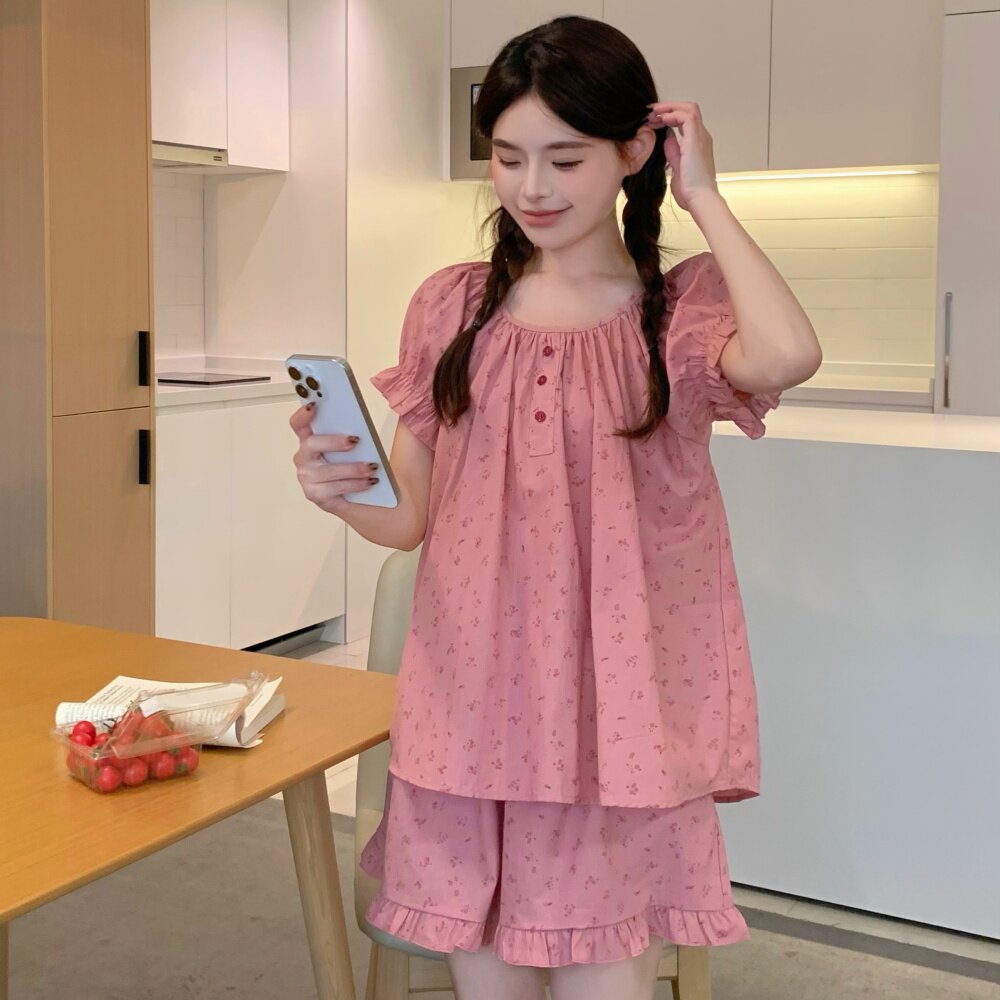 睡衣女夏季短袖短裤韩版甜美宽松碎花全棉布家居服两件套装学生薄