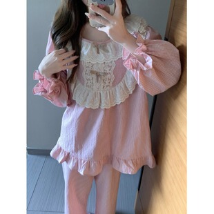 带胸垫春秋季纯棉睡衣女甜美纯色长袖娃娃领蕾丝公主风家居服套装