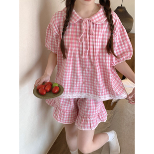 夏季新款甜美公主风纯棉睡衣女格子娃娃领蕾丝花边可外穿家居服套