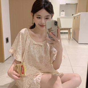 甜美宽松蕾丝碎花全棉布家居服两件套装 睡衣女夏季 韩版 短袖 薄 短裤