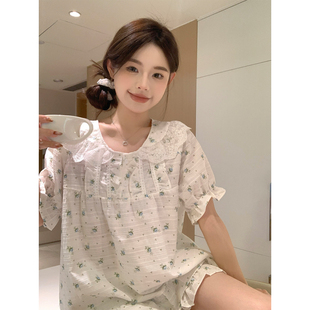 韩系甜美小清新宽松透气纯棉公主风娃娃领短袖外穿睡衣家居服套装