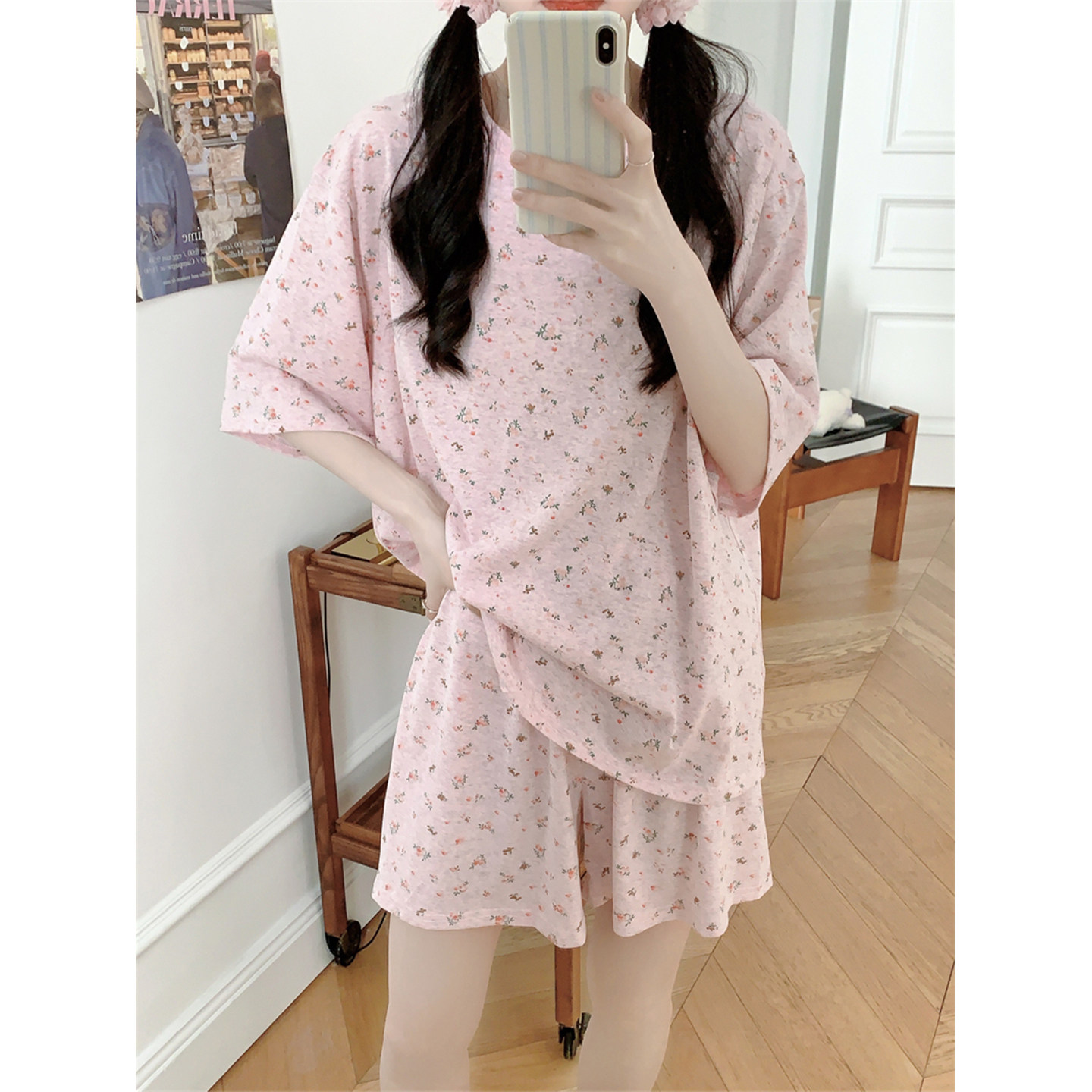 纯棉睡衣女夏季短袖短裤韩版简约休闲运动碎花家居服两件套装外穿