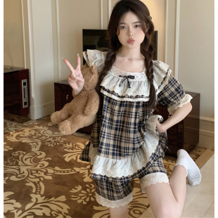 甜美连衣裙 宫廷风蕾丝花边全棉格子睡衣女夏季 短袖 短裤 家居服套装