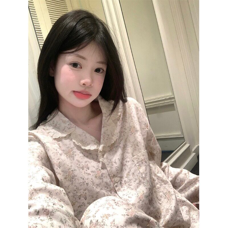 棉麻睡衣女春秋季韩版可爱少女小碎花甜美蕾丝花边长袖套装可外穿