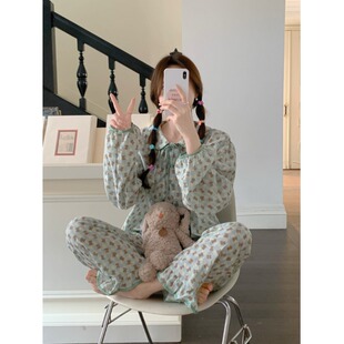 睡衣女韩系甜美公主风娃娃领宽松外穿卡通棉麻四季长袖长裤家居服