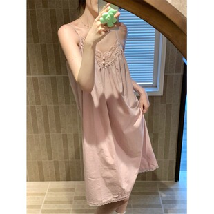 全棉吊带睡裙女夏季法式简约藕粉色纯欲性感蕾丝花边中长款连衣裙