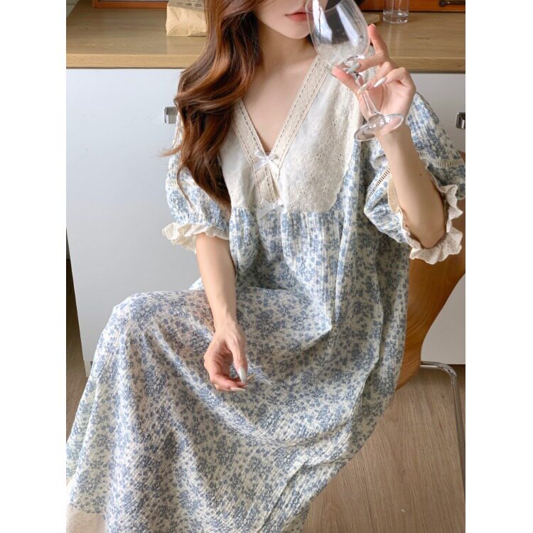 纯棉睡裙女夏季韩版甜美公主风重工蕾丝花边小碎花双层纱短袖套装