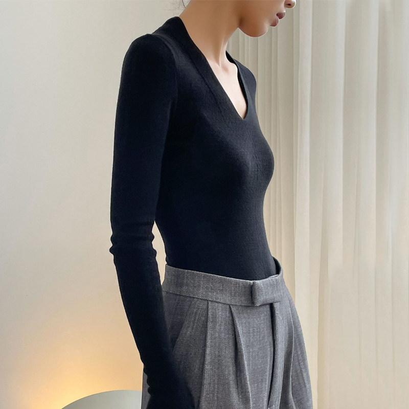 ManMans黑色V领打底衫女春秋基础内搭长袖修身显瘦薄款针织衫上衣