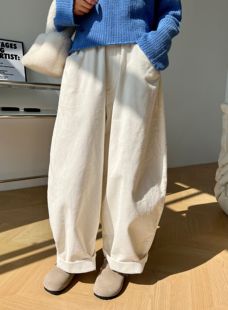 子女 秋冬日系萝卜香蕉松紧腰宽松弯刀裤 白色灯芯绒阔腿休闲裤 新款