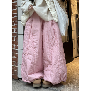 ManMans粉色夹棉抽绳休闲裤冬季新款日系宽松阔腿弯刀气球棉裤
