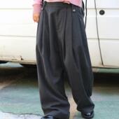 女 韩版 秋冬新款 质感宽松挺括休闲长裤 ManMans羊毛灰色条纹西裤