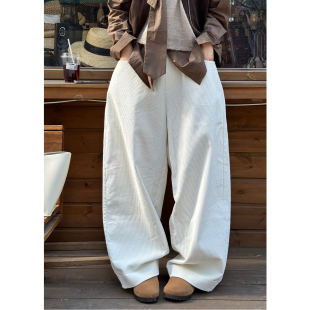 ManMans白色日系弯刀灯芯绒阔腿休闲裤秋季新款松紧腰宽松长裤女